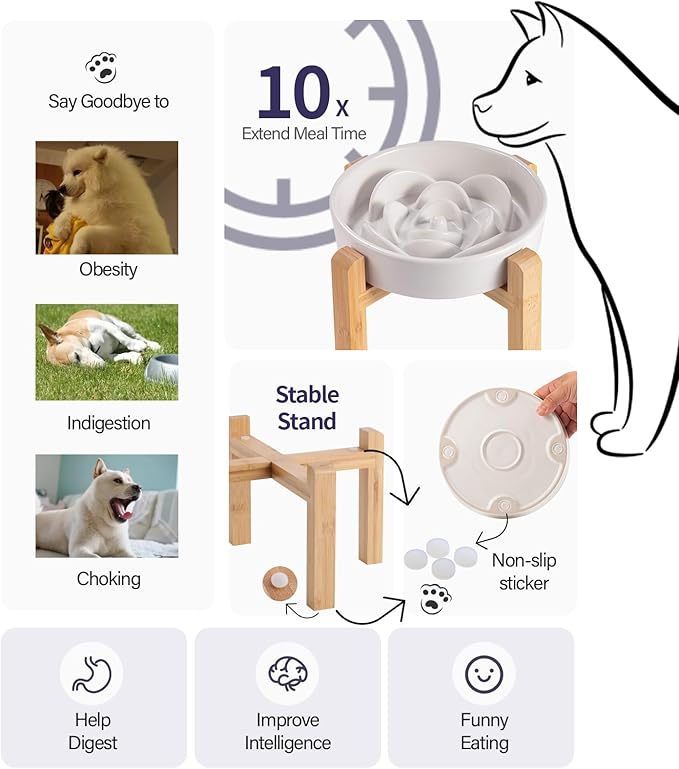 White Ceramic Dog Bowl Slow Feeder for Medium and Large Breed, Elevated/Raised 1.5 Cup 8.26 in Slow Feeding Bowl,Puzzle Dog Food Bowl for Fast Eater,Maze Dish for Fast Eater