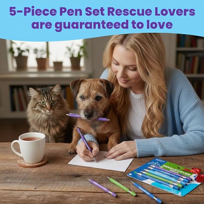 Funny Cat & Dog Rescue Lover Gift Pen Set – 5 Black Ink Ballpoint Pens with Stylus Tip & Quality Metal Barrel with Fun Quotes - Gifts for Dog Moms, Cat Lovers, Animal Advocates, Fosters & Volunteers