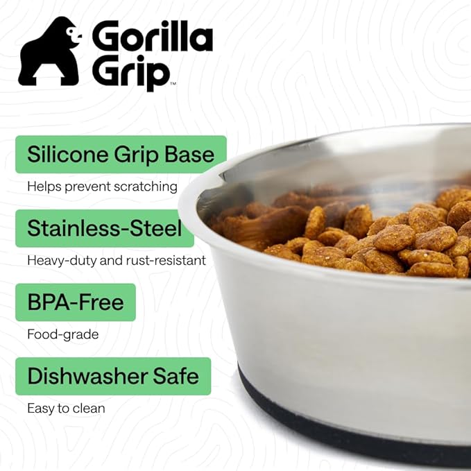 GORILLA GRIP Dog Bowls, Food Grade 304 Stainless Steel, Holds 8 Cups Each (64 fl oz) Food and Water Bowl for Feeding Dogs and Cats, Dishwasher Safe, Rust Resistant, BPA Free Rubber Base Set of 2 Black