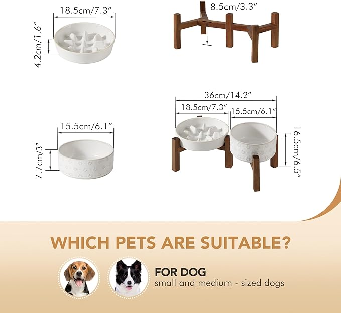 Ceramic 1.2 Cup Raised Slow Feeder Dog Bowl Set, Elevated 6.1inch Bowl and 7.3inch Slow Feeder Dish with Acacia Wood Stand for Small and Medium Dogs (2 x Reactived Glaze -White+ Stand)