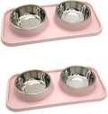 BNOSDM 2 Pcs Double Dog Food Bowls, Stainless Steel Small Dog Food and Water Bowls with Non-Spill Plastic Mat, Pet Cat Feeder Dish Set for Puppy Cats Kitten, Pink