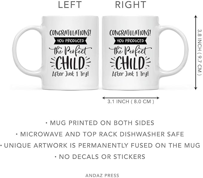 Andaz Press Mother's Day 11oz. Ceramic Coffee Tea Mug Gift for Mom, Congratulations! You Produced the Perfect Child After Just 1 Try!, 1-Pack, Birthday Christmas Gift Ideas