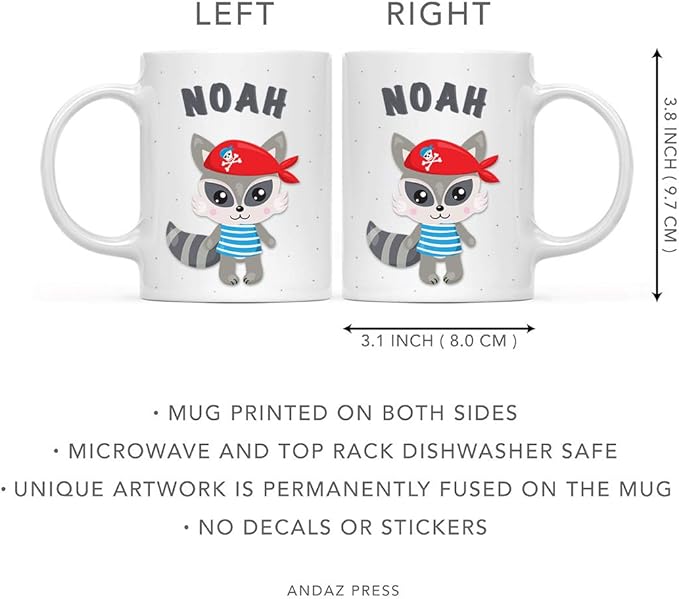 Andaz Press Personalized 11oz. Kids Milk Hot Chocolate Mug, Raccoon Pirate Red Scarf, 1-Pack, Custom Child’s Birthday Christmas Coffee Cup
