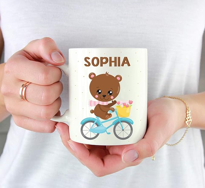 Andaz Press Personalized 11oz. Kids Milk Hot Chocolate Mug, Bear Blue Bicycle, 1-Pack, Custom Child’s Birthday Christmas Coffee Cup