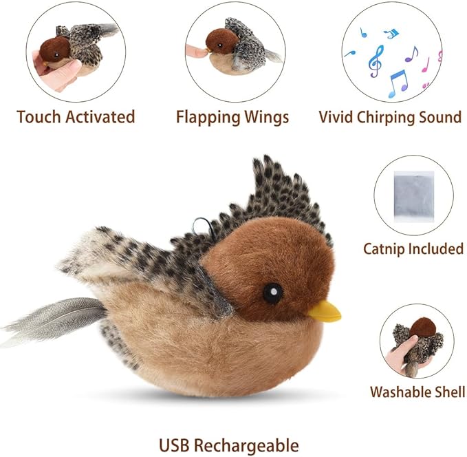 Flying Bird Cat Toy (Not a Flying Bird) – Interactive Flappy Bird Toy for Indoor Cats, USB Rechargeable with Real Feathers, Chirping Sounds & Remote Control