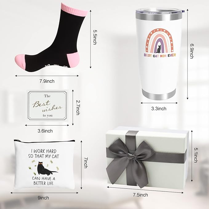 UAREHIBY Cat Mom Gifts for Women,20 OZ Wine Tumbler Gift for Cats Lovers,Crazy Cat Lady Gift with Cosmetic Bag,Funny Cats Themed Things Stuff with Socks Birthday Gifts for Women,Friend