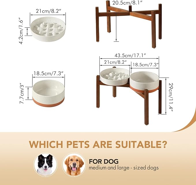 Ceramic 1.6 Cup Raised Slow Feeder Dog Bowl Set, Elevated 7.3inch Bowl and 8.2inch Slow Feeder Dish with Acacia Wood Stand for Medium and Large Dogs (2 x Vanilla White+ Stand)