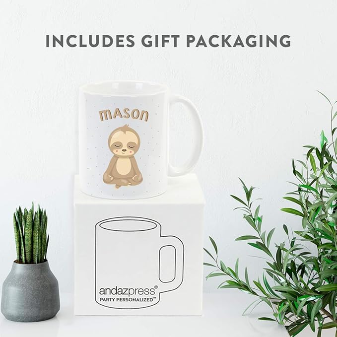 Andaz Press Personalized 11oz. Kids Hot Chocolate Mug, Baby Sloth Yoga Meditation, 1-Pack, Custom Child’s Birthday Christmas Coffee Cup