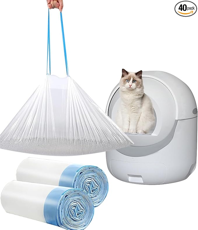 40 Count Cat Drawstring Litter Box Liners 26.6x16.7 inches 2Mils Super Thick for Self-Cleaning Litter Box Cat Litter Pan Trays (Blue Drawstring 40 count)