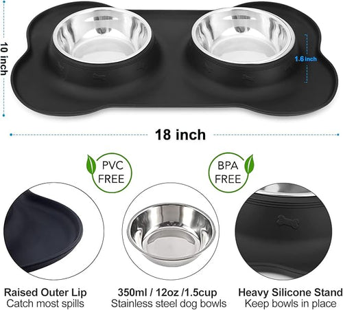 AsFrost Dog Food Bowls Stainless Steel & Water Dish with No-Spill and Non-Skid, Feeder Bowls with Dog Food Dish for Small Medium Large Size,Dogs,Cats,Puppy Pets, Black, 12oz