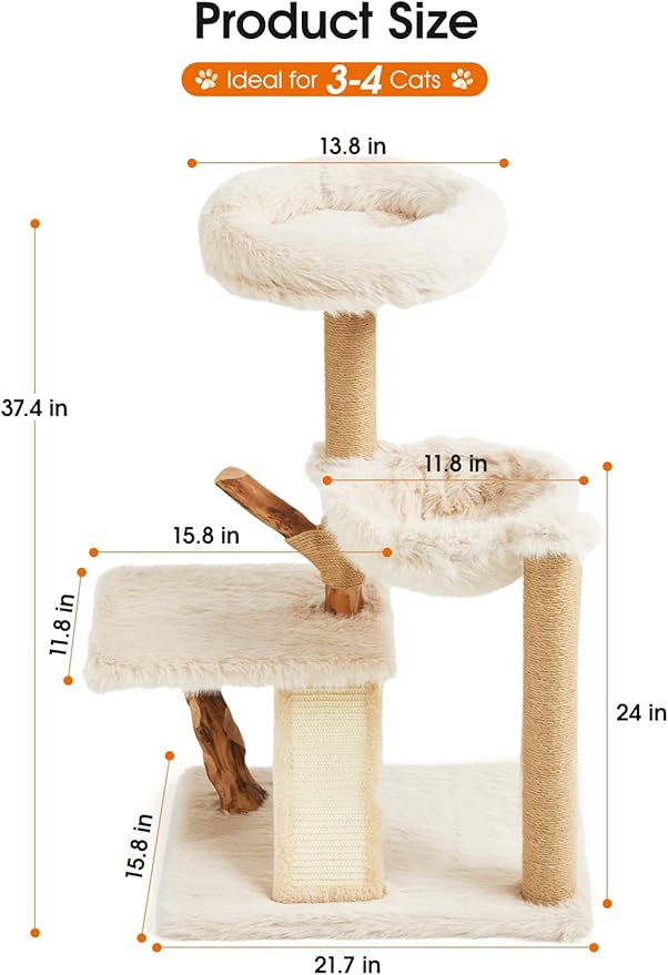 Letkind 38" Modern Cat Tree Tower for Large Indoor Cats, Perches-Natural Solid Wood Cat Tower with Sisal Scratching Post, Perches, Basket & Scratching Post, Aesthetic Boho Cat Furniture