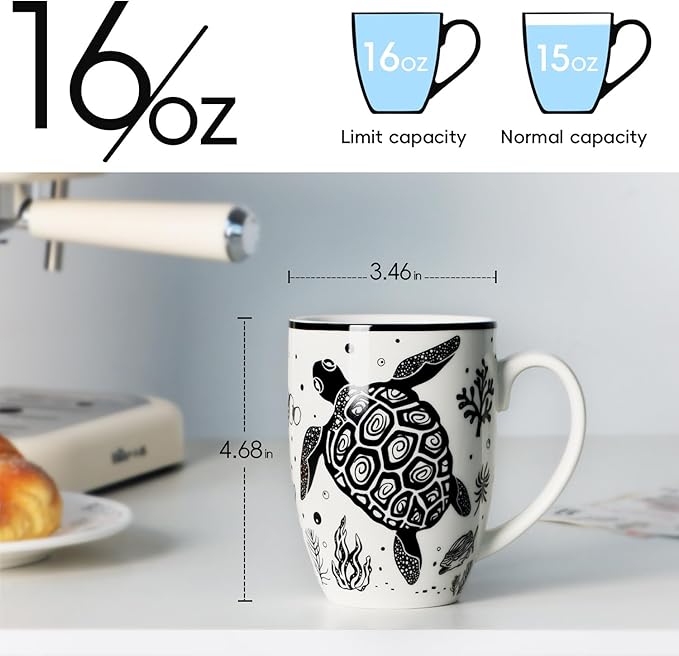 Cute Gifts 16 oz Coffee Mug Sea Turtle and Octopus, Funny Boho Tea Mugs for Women, Large Ceramic Coffee Cups for Chrismas