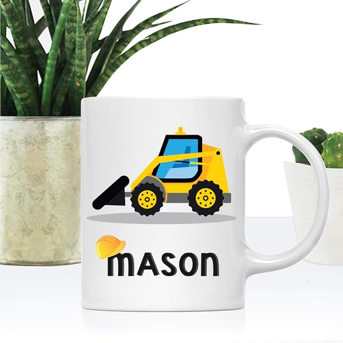 Andaz Press Personalized 11oz. Kids Hot Chocolate Mug, Yellow Construction Truck Bulldozer, 1-Pack, Custom Child’s Birthday Christmas Coffee Cup