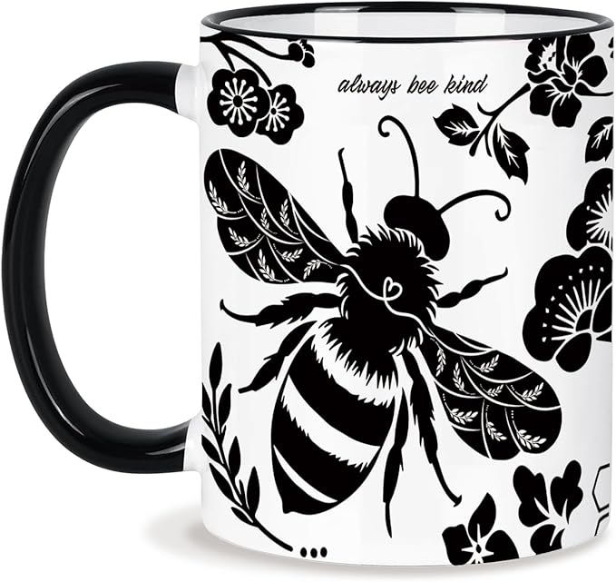 Bee Cups 11Oz Valentines Day Birthday Gift for Woman, Bee Gifts for Women Black and White Boho Coffee Mug, Bumble Bees Gifts Cute Coffee Mug for Women Microwave & Dishwasher Safe