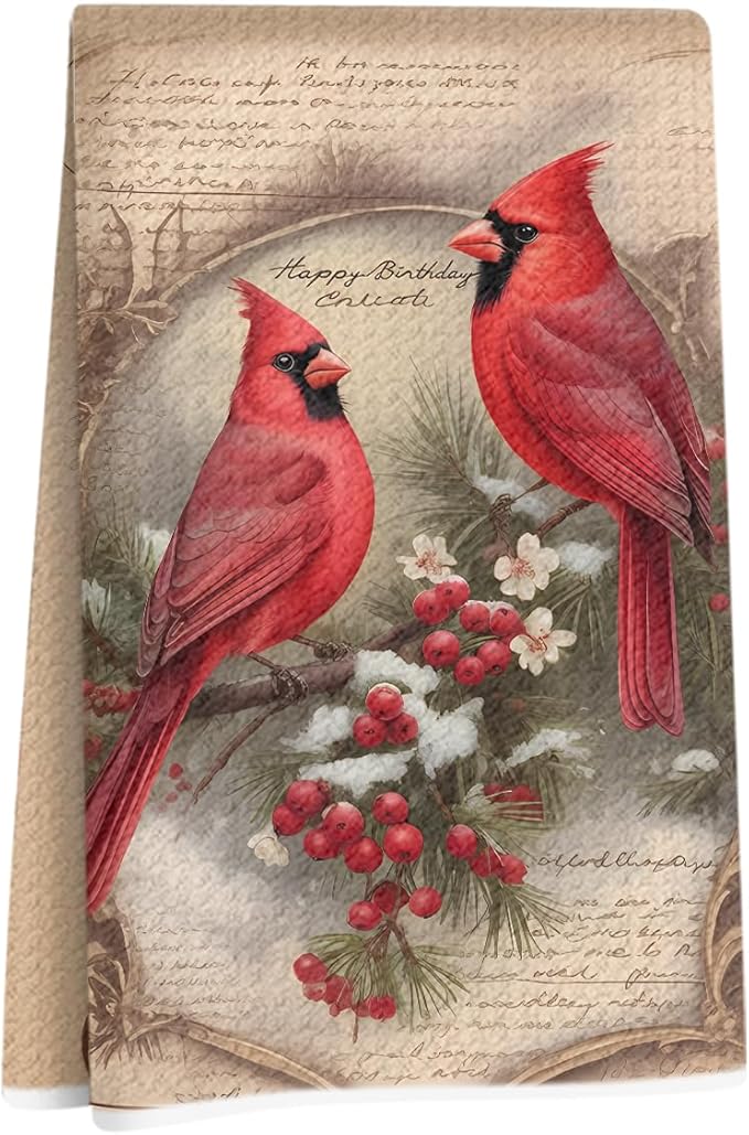 Lovdazzles Vintage Cardinal Kitchen Towels, Holly Berry Decorative Absorbent Microfiber Dish Cloth Tea Towel, Pine Branch Waffle Soft Hand Towels for Farmhouse Home Bathroom Kitchen Decor