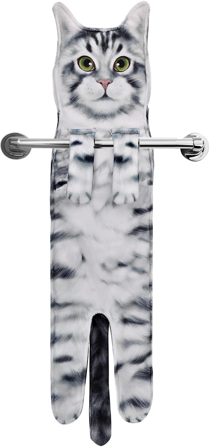Funny Hand Towels for Bathroom Kitchen Decor - Cute Cat Hanging Hand Towel Kitchen Gadgets - Unique Housewarming Birthday Christmas Cat Lover Gift Ideas for Women Mom Lady Adults