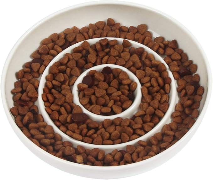 SLSON Cat Slow Feeder Bowl,Ceramic Slow Feed Cat Bowls Heavy and Shallow Wisker Stress-Free Pets Dish for Kittens Small Pets Wet Food,White