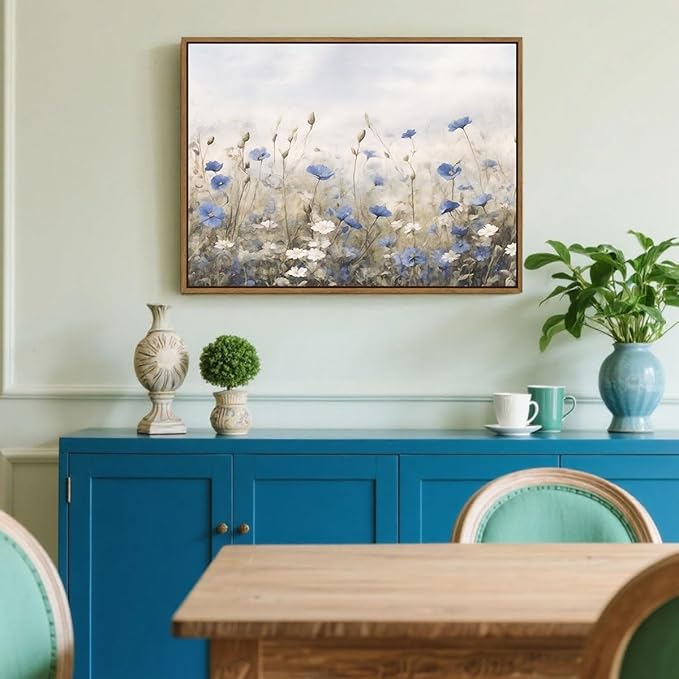 Vintage Floral Wall Art Blue White Flower Canvas Art Prints Wildflower Pictures Wall Decor Nature Landscape Oil Painting Framed Botanical Artwork for Girls Room Bedroom Farmhouse Decoration, 12''x16''