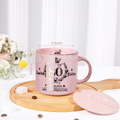 Biching 80th Birthday Gifts for Women, 14oz Pink Coffee Mug with Gold Pattern, Best Gifts for 80 Year Old Grandma, Mom, Sister, Friend, Fabulous 80 Limited Edition, 1946 Birthday Gifts for Women