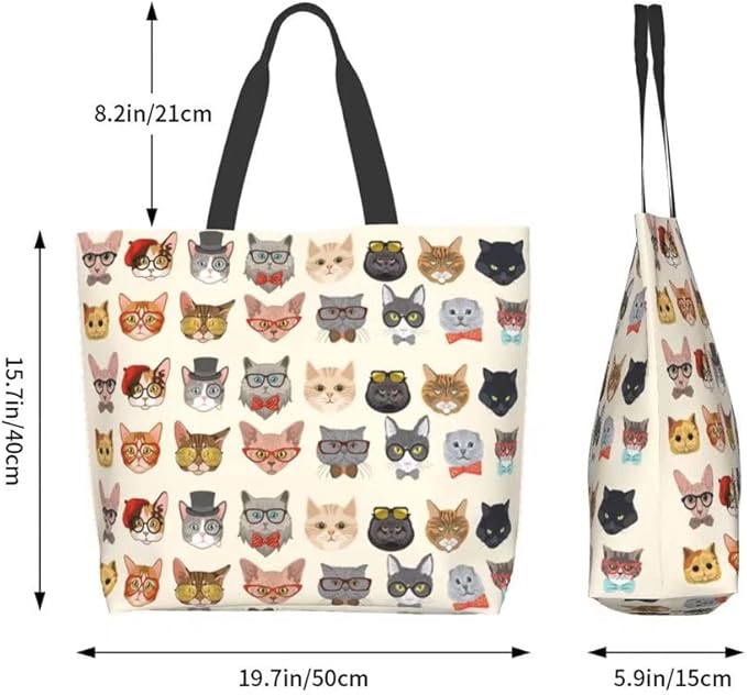 Funny Cat Tote Bag for Women,Cute Purse Gifts for Cat Lovers,Kitty Print Shoulder Reusable Shopping Handbags Casual Travel Polyester Summer Beach Grocery Bag Holiday Gifts