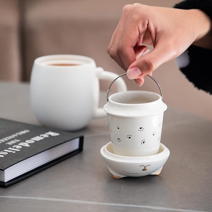 HEER Cat Tea Cup with Infuser and Lid - 13.5oz Ceramic Tea Mug - Cat Lover Gift for Friends Family. (White)