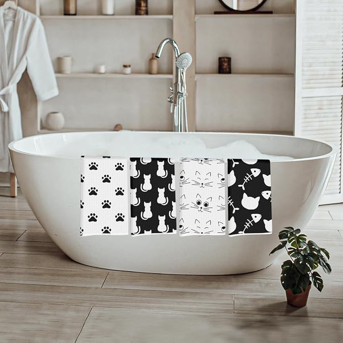 Lovdazzles 4 Pcs Cute Cat Kitchen Towels, Cat Paw Decorative Absorbent Microfiber Dish Cloth Tea Towel, Cats Waffle Soft Hand Towels for Farmhouse Home Bathroom Kitchen Decor, Cat Lover Gifts