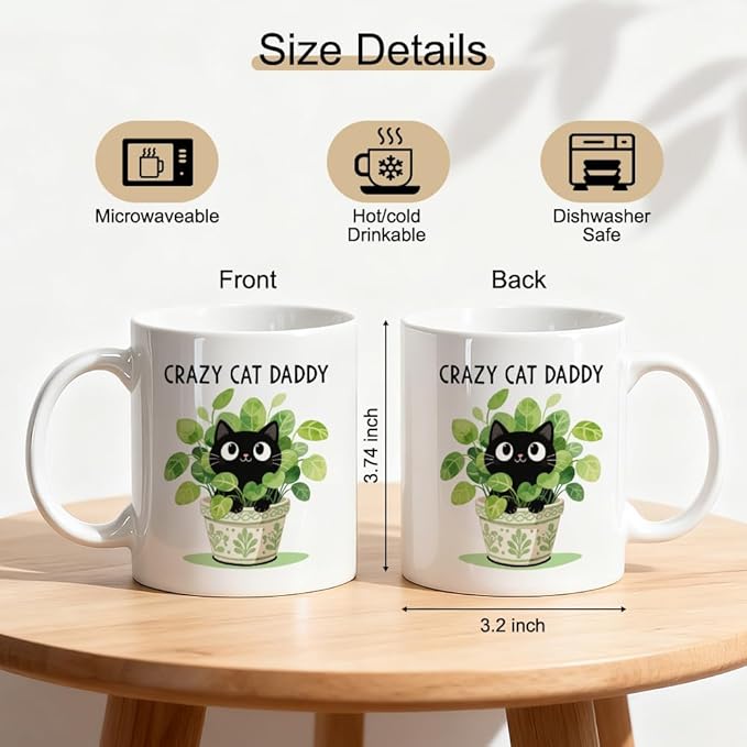 Crazy Cat Daddy Double-Sided Ceramic Mug, Funny Black Cat Mug for Men, Cats Daddy Coffee Cup, Christmas Birthday Gifts for Husband Kitten Dad, Father's Day Thank You Gifts for Pet Owner