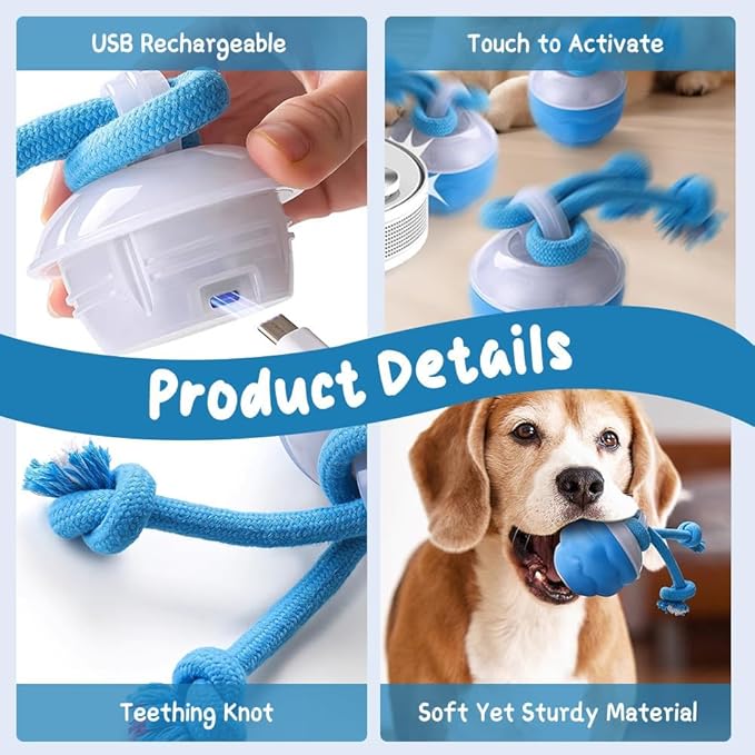Dog Ball Toy Tail 2.0 Dog Toy, 2025 New Smart Interactive Cats Toys Ball, Squeaky Toy Electric Automatic Rolling Moving Pet Toy Balls with Rope for Cats and Medium Small Dogs Puppy (Orange+Blue, 2pcs)