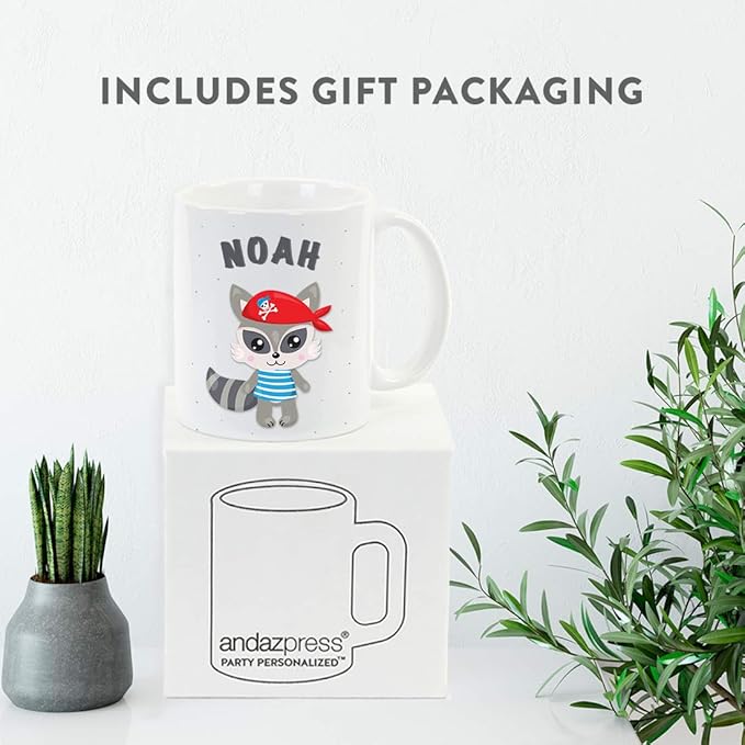 Andaz Press Personalized 11oz. Kids Milk Hot Chocolate Mug, Raccoon Pirate Red Scarf, 1-Pack, Custom Child’s Birthday Christmas Coffee Cup