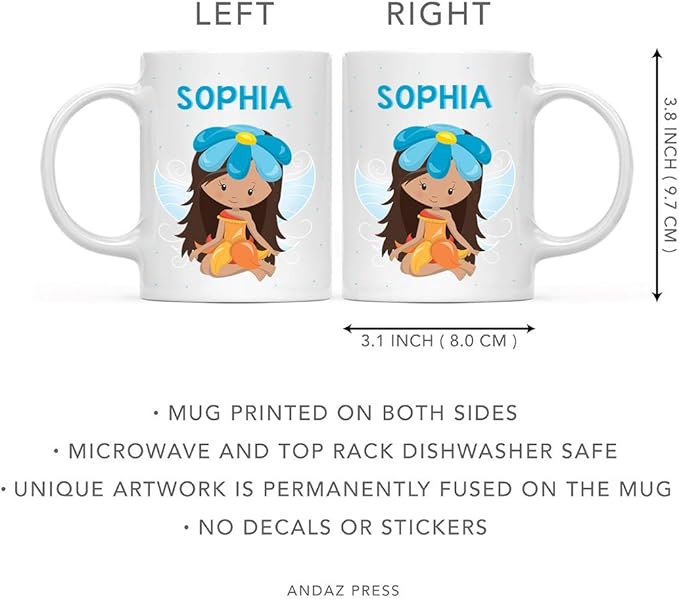 Andaz Press Personalized 11oz. Kids Milk Hot Chocolate Mug, Orange Fairytale Princess with Blue Flower, 1-Pack, Custom Child’s Birthday Christmas Coffee Cup