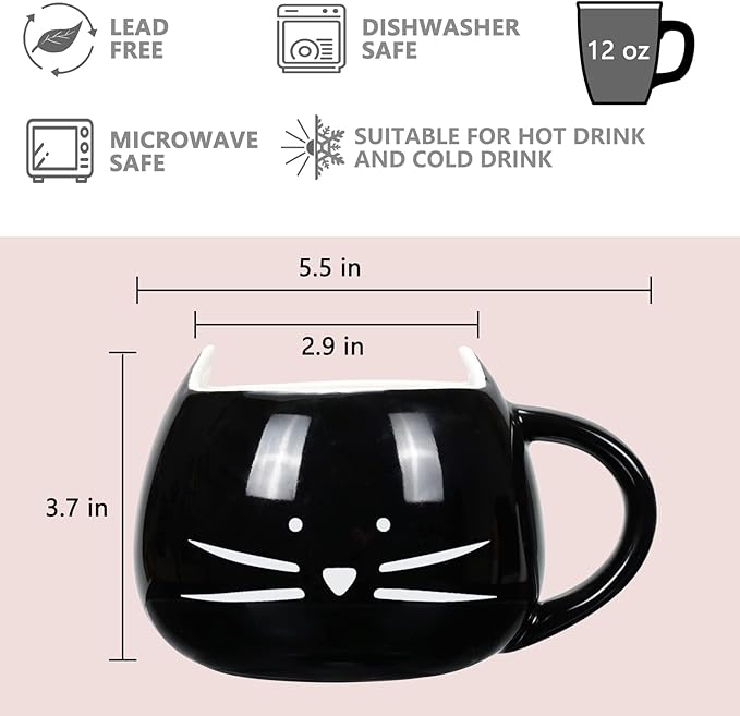 Koolkatkoo Cat Coffee Mugs for Cat Lover, Ceramic Kitty Tea Mug Gifts for Women Girls 12 oz Cup Black