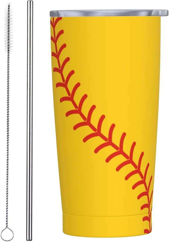 Baseball Tumbler 20oz Baseball Stainless Steel Insulated Tumblers with Lid and Straw Yellow Travel Coffee Mug Tea Wine Cups Water Bottle Holiday Gifts for Women Baseball Lover