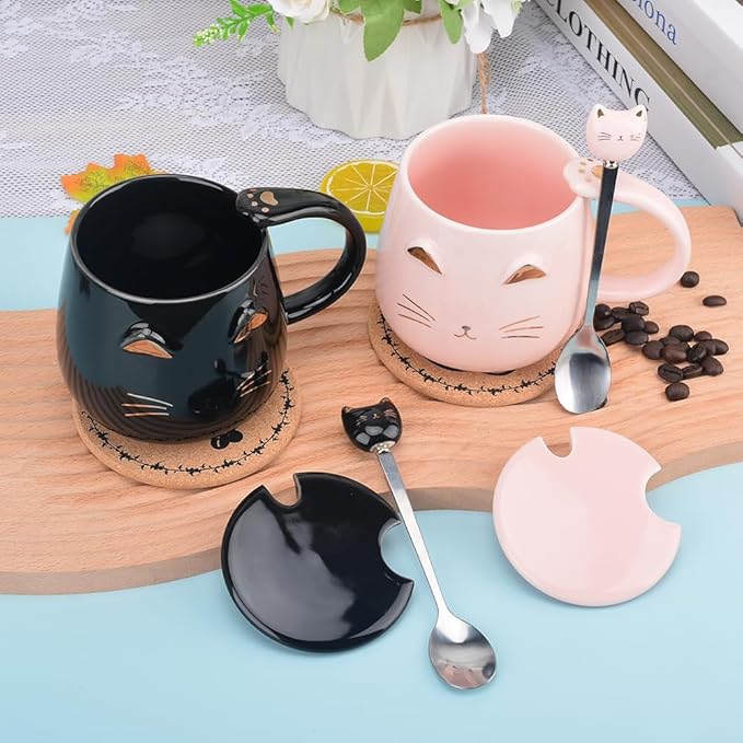 Pink Ceramic Coffee mug Cute Cat Handmade Tea Cups with Stainless Steel Spoon Kitty Cup Unique Hot chocolate Novelty mugs Christmas Birthday for Girls Women (Black)