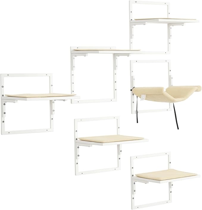 PawHut Cat Shelves for Indoor Kittens, Modern 6Pc Cat Wall Furniture with Adjustable Height Jumping Platforms and Hammock, Cream White