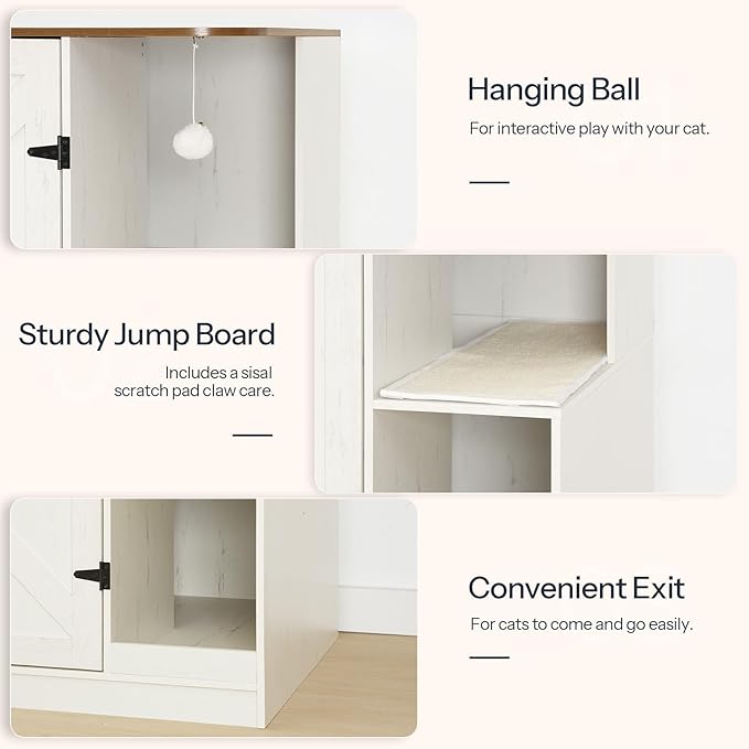 HOOBRO Farmhouse Cat Litter Box Enclosure, Automatic Cat Litter Box Cabinet with Charging Station, Hidden Cat Furniture with Hanging Ball & Sisal Mat, Tabletop & Hook, White and Walnut WH88UMW01