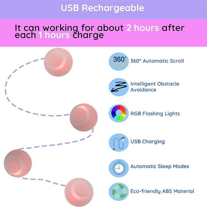 Automatic Active Rolling Ball for Dogs Self Moving Balls, Interactive Cat Ball Toy with LED Lights, USB Rechargeable, Silicone Surface (Pink)