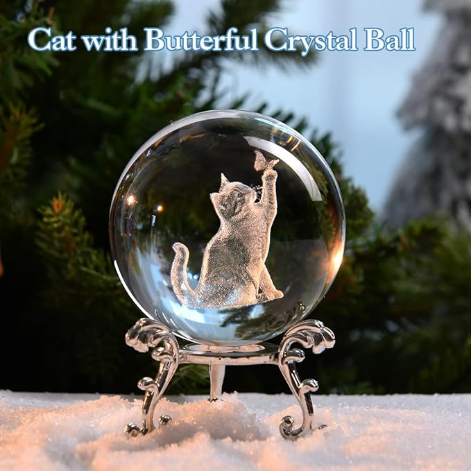 Cat Gifts for Women 3D Crystal Ball 60mm Cat Lover Themed Gift with Stand Gifts for Women Mothers Day Christmas Birthday