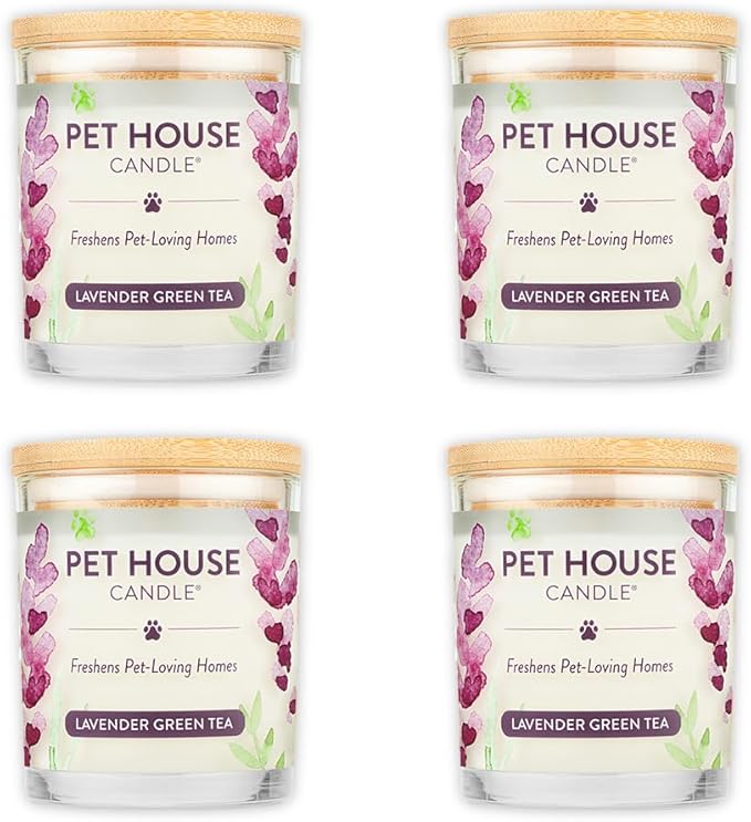 One Fur All Pet House Soy Candles, Clean Burning, Long Lasting, Plant-Based Pet Odor Candles, Lavender Green Tea, 4 Pack
