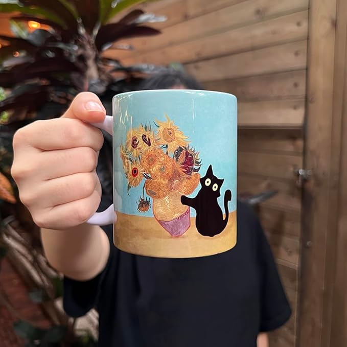 Famous Art Paintings Funny Cat Coffee Mug for Artist Art Lover Teacher Cat Lovers, Famous Picture Classic Vincent Aesthetic Canvas Mug Birthday Gift for Women Man (Black Cat Sunflower)
