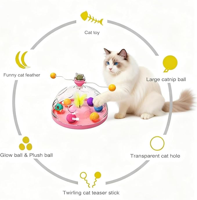 Interactive Cat Toys for Indoor Cats, Kitten Toys with Spinning Dome, Catnip Ball, Feathers & Rolling Balls - Spinning Teaser Toy for Outdoor Cats (Pink)