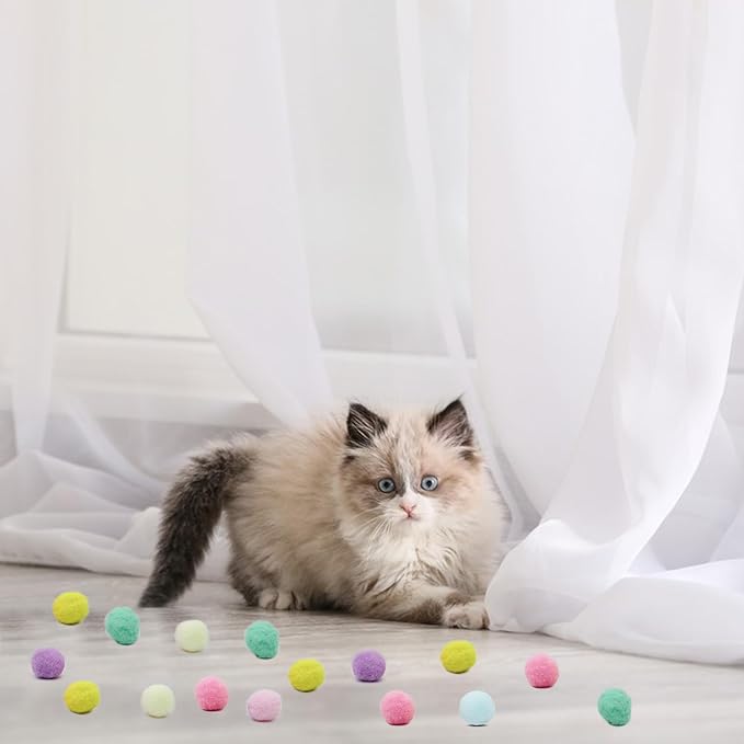 Andiker Cat Toy Balls Set, 30pcs Plush Cat Pom Pom Balls&a Plastic Launcher Set for Kitten Catch&Fetch Interactive Cat Toy with Colorful&Soft Cat Balls for Indoor Cats to Keep Fit (Blue 100balls)