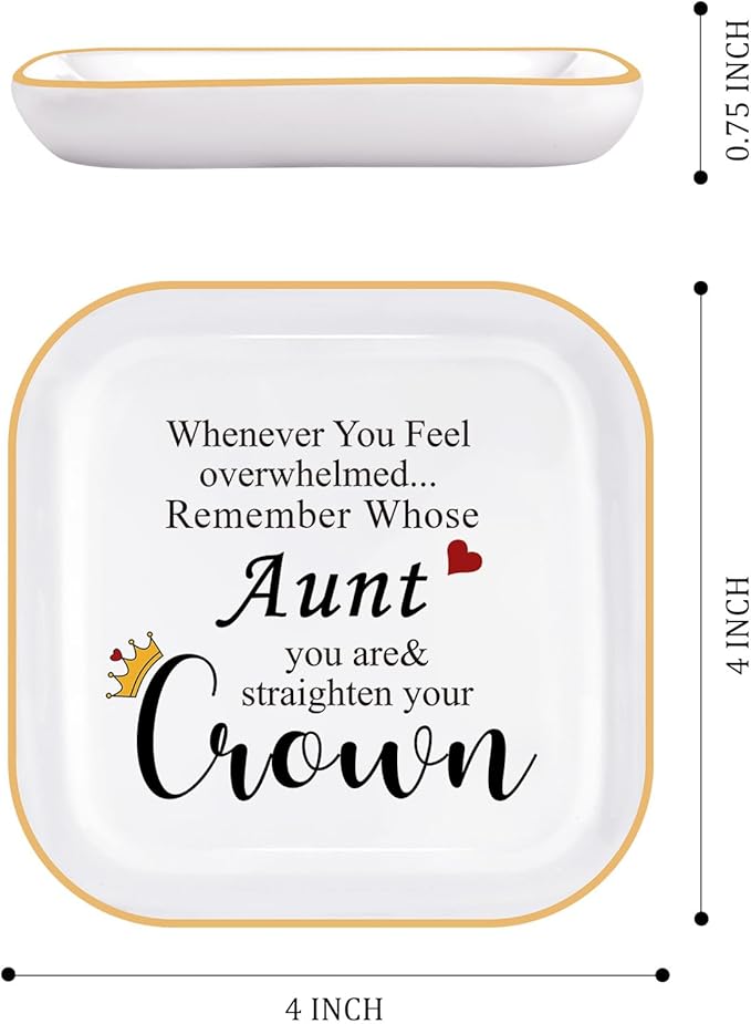 PUDDING CABIN Aunt Gifts from Niece Nephew - Straighten Your Crown Ceramic Jewelry Dish, Best Aunt Gifts for Birthday Mother's Day, Pregnancy Announcement Auntie Gift Trinket Tray