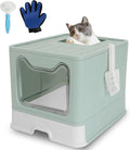 ROCCS Foldable Cat Litter Box with Lid,No Smell Large Top Entry Litter Box with Cat Litter Scoop,Covered Drawer Type Kitty Potty,Including Fur Brush & Cleaning Glove,Blue 20" x 16" x 15"