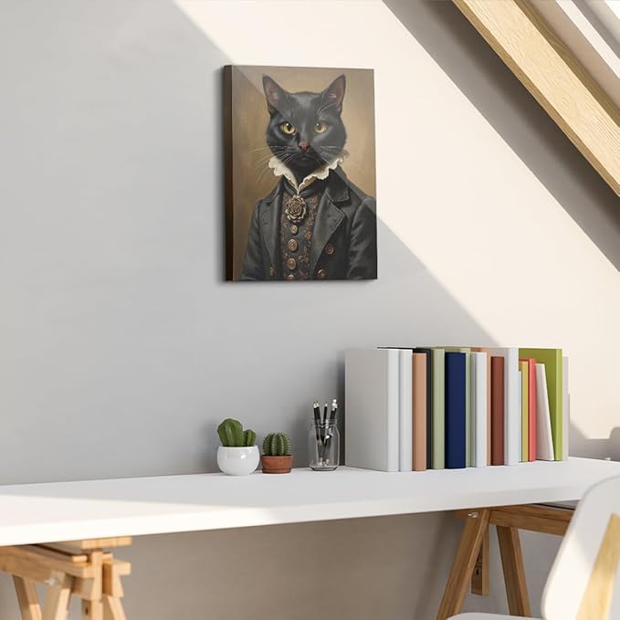 Aristocratic Cat Framed Canvas Wall Art, Mid - Century Dark Academia Decor Wall Painting, Cat Lover Gifts, Gothic Decor Aesthetic Poster for Home Living Room Bedroom, Halloween Cats Decorations