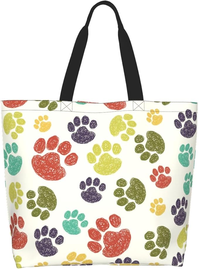 Colorful Paw Print Tote Bag for Women, Cute Dog Cat Paws Print Purse Gifts for Cat Dog Lovers, Shoulder Reusable Shopping Handbags Casual Travel Polyester Summer Beach Grocery Bag Holiday Gifts