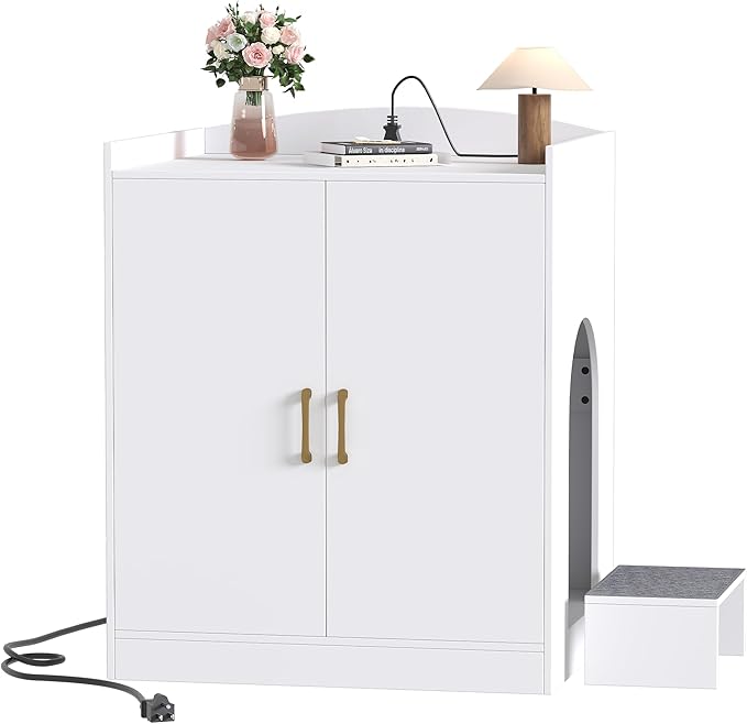 Hey-brother Cat Litter Box Enclosure, Large Hidden Litter Box Furniture with Charging Station, Suitable for Automatic/Self-Cleaning Cats Litter Boxes and Robot, Modern, White JCLB005WT