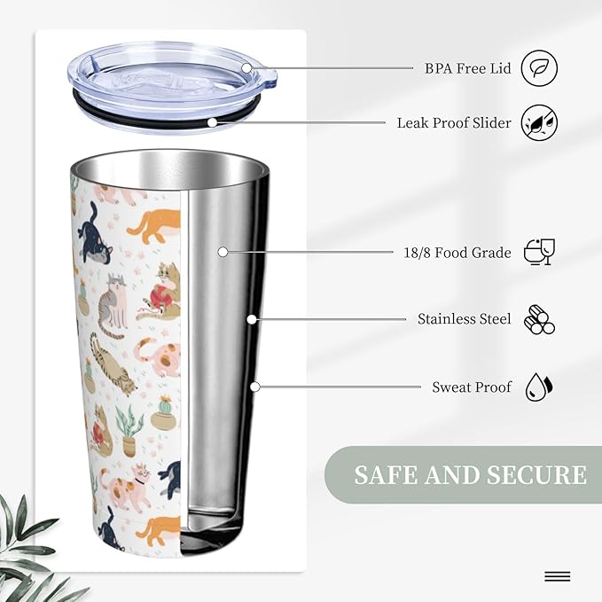 Cat Tumbler 20oz Cute Cats Stainless Steel Insulated Tumblers with Lid and Straw Animal Travel Coffee Mug Tea Wine Cups Water Bottle Cats Gifts for Women Cat Lover