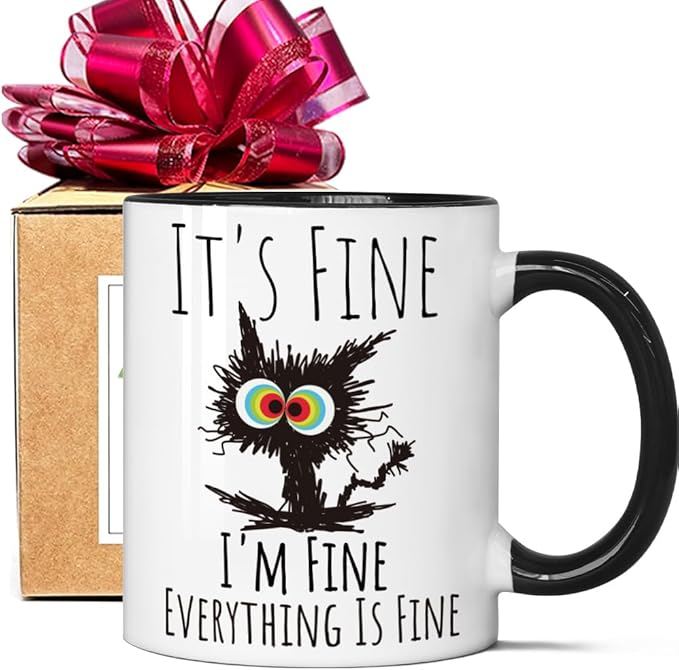 FALJIOK I'm Fine Everything is Fine Coffee Mug 11oz Funny Sarcastic Cat Mug Gifts for Cats Lover Novelty Coffee Mug Gifts for Cat Lover Women Mother's Day Gift for Cats Mom