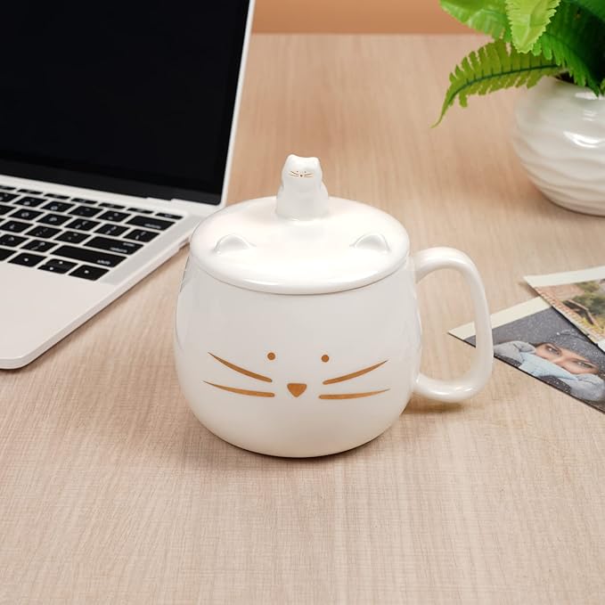 Koolkatkoo Unique Cat Coffee Mug with Lid for Cat Lover Cute Ceramic Tea Mugs with Holder for Cell Phone Porcelain Cup Have The Gold Kitten Gift for Women White