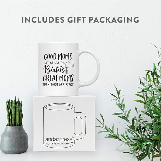Andaz Press Mother's Day 11oz. Ceramic Coffee Tea Mug Gift for Mom, Good Moms Let You Lick the Beaters. Great Moms Turn Them Off First, Beaters Graphic, 1-Pack, Birthday Christmas Gift Ideas